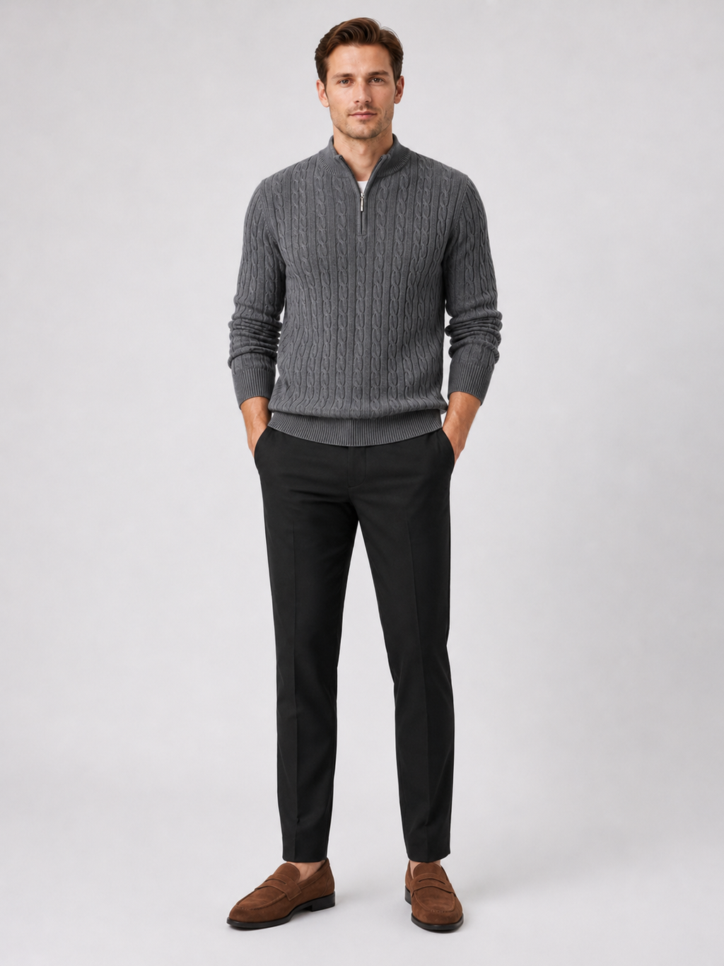 Gray quarter zip cable knit sweater for men thick warm pullover for everyday winter wear