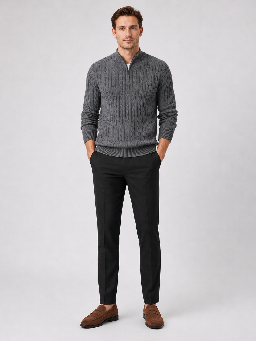 Gray quarter zip cable knit sweater for men thick warm pullover for everyday winter wear
