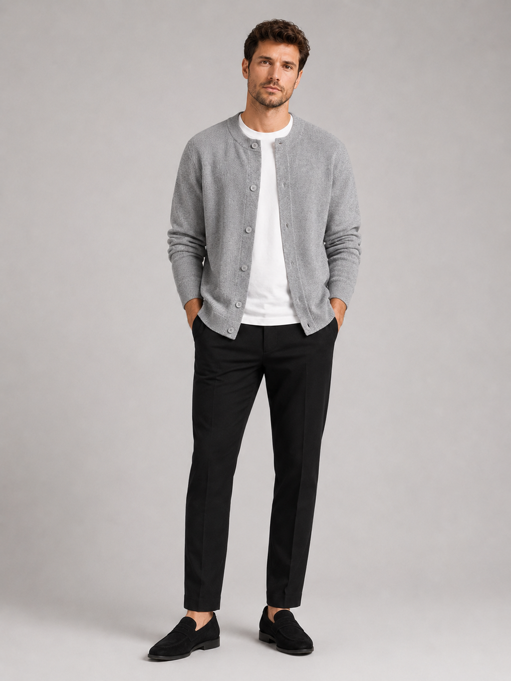 Gray crew neck cardigan sweater for men comfortable knit layer for everyday wear