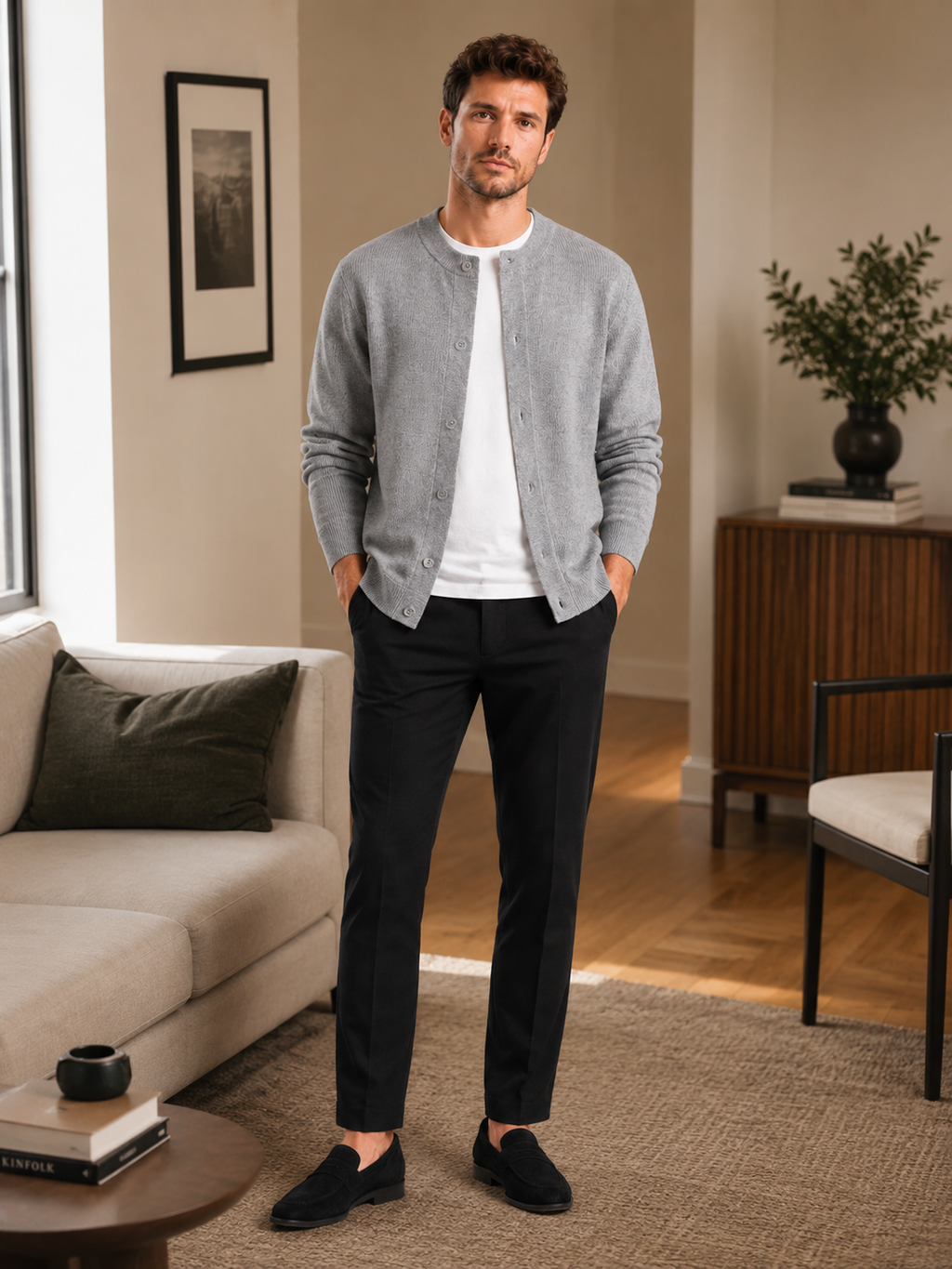 Man styling gray crew neck cardigan sweater in a clean everyday lifestyle outfit