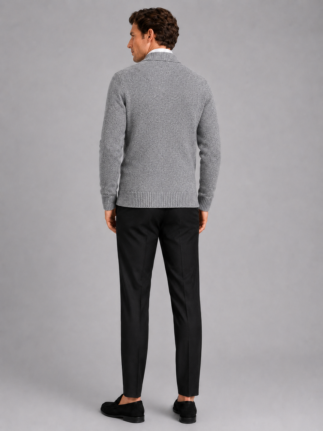 Men’s gray knit cardigan long sleeve sweater for business casual and smart casual outfits