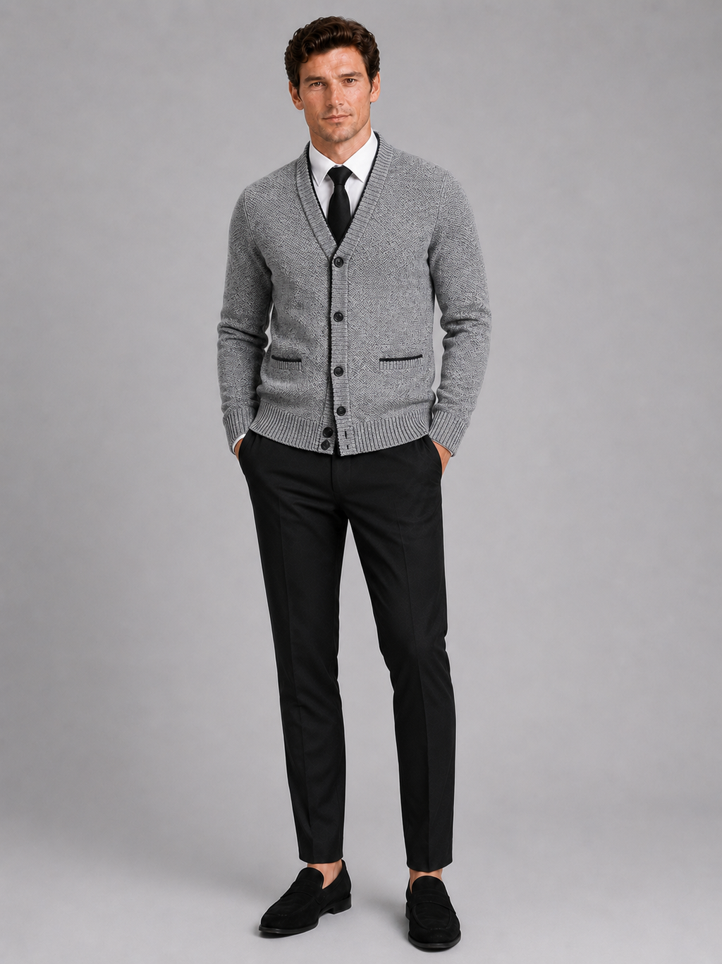 Gray v neck cardigan sweater for men comfortable knit layer for everyday winter wear