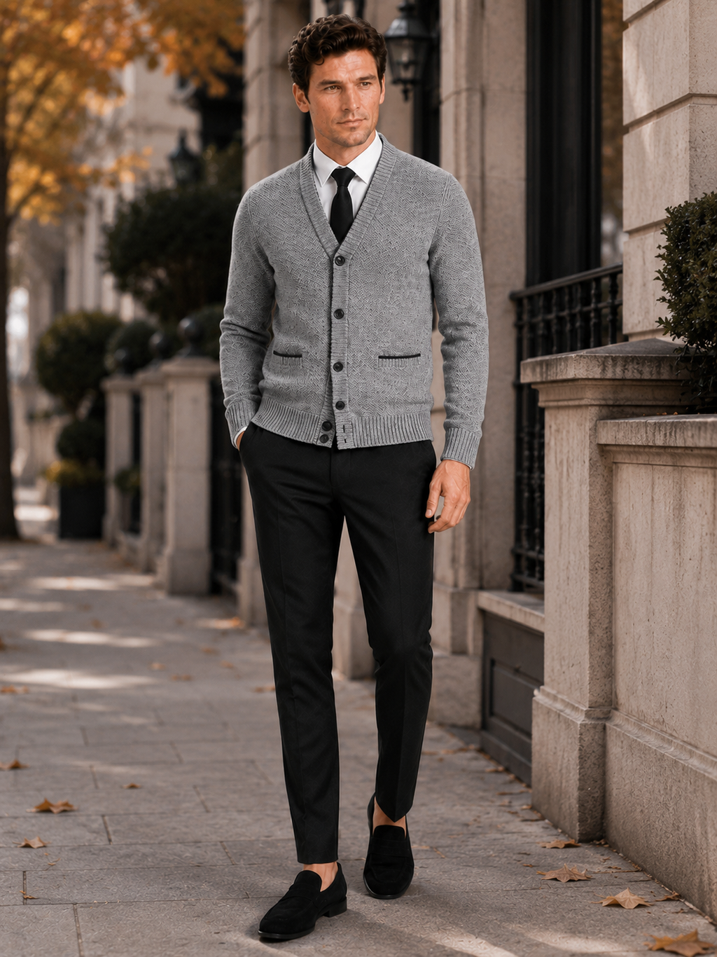 Man styling gray v neck cardigan sweater in a clean fall winter lifestyle outfit