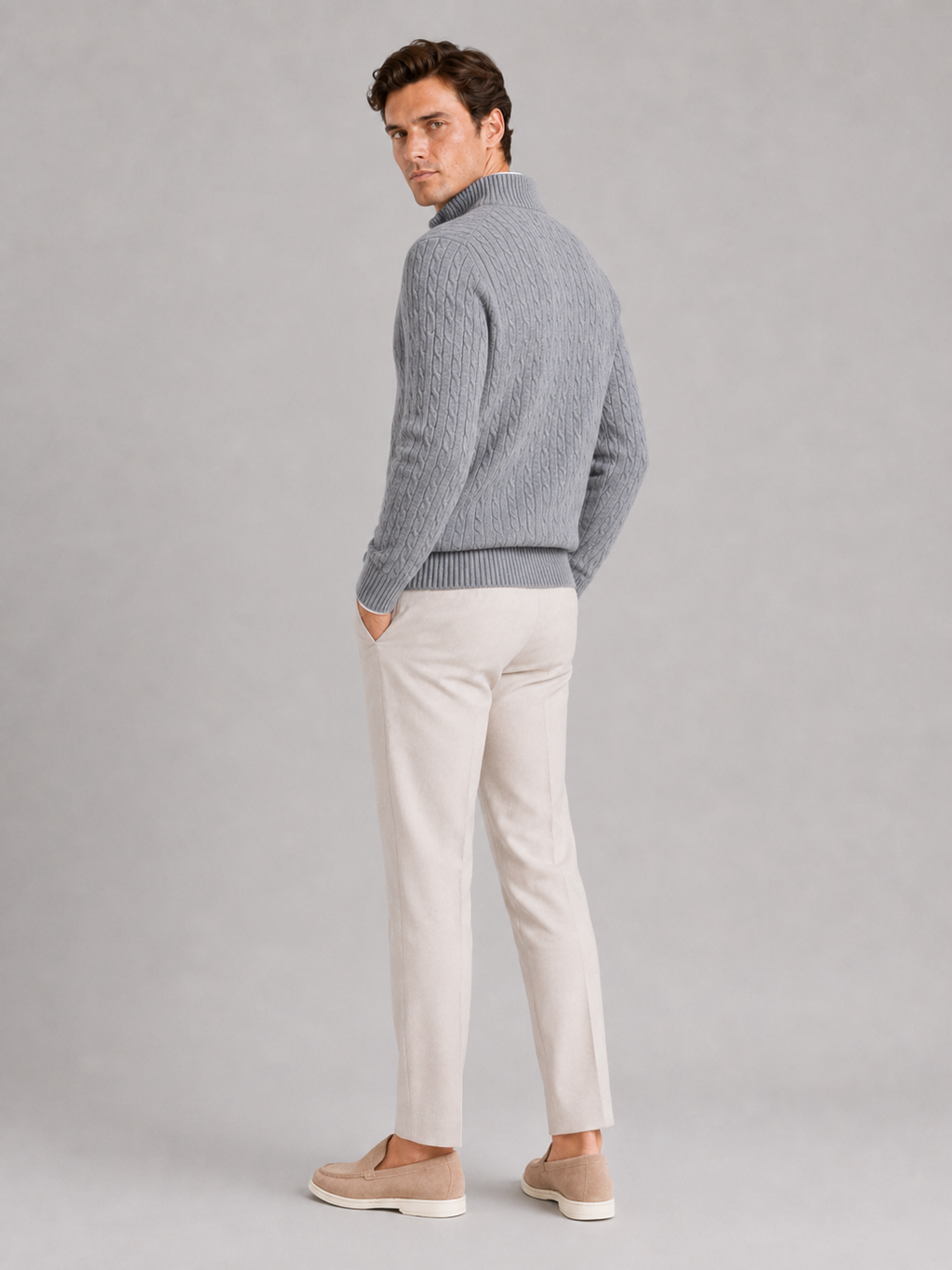 Men’s gray cable knit cashmere sweater luxury warm top for business casual outfits