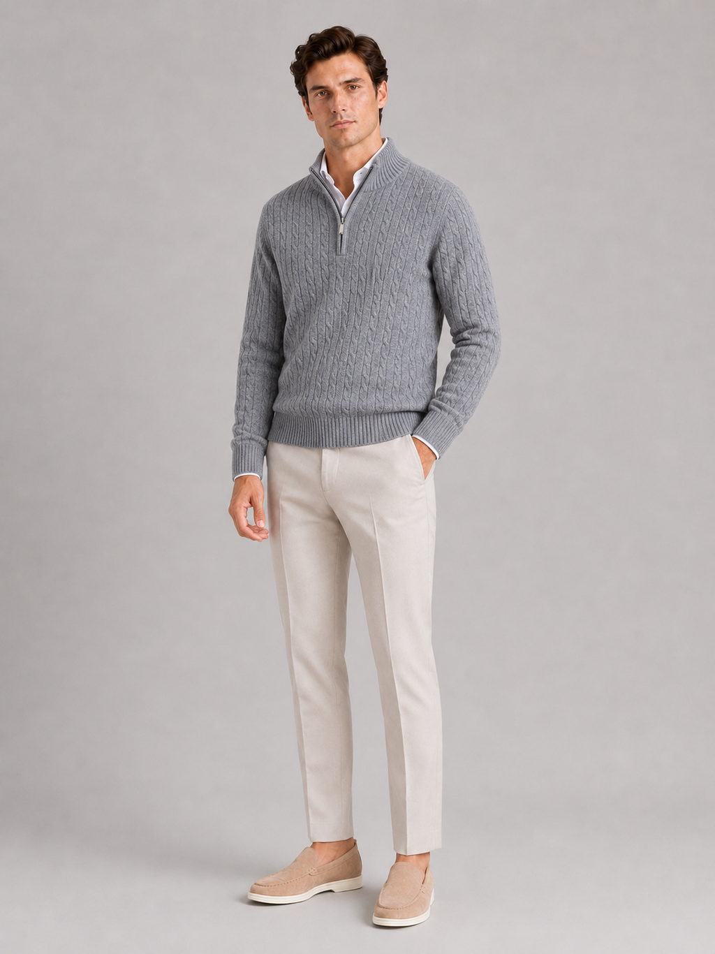 Gray pure cashmere quarter zip sweater for men warm pullover for everyday winter wear