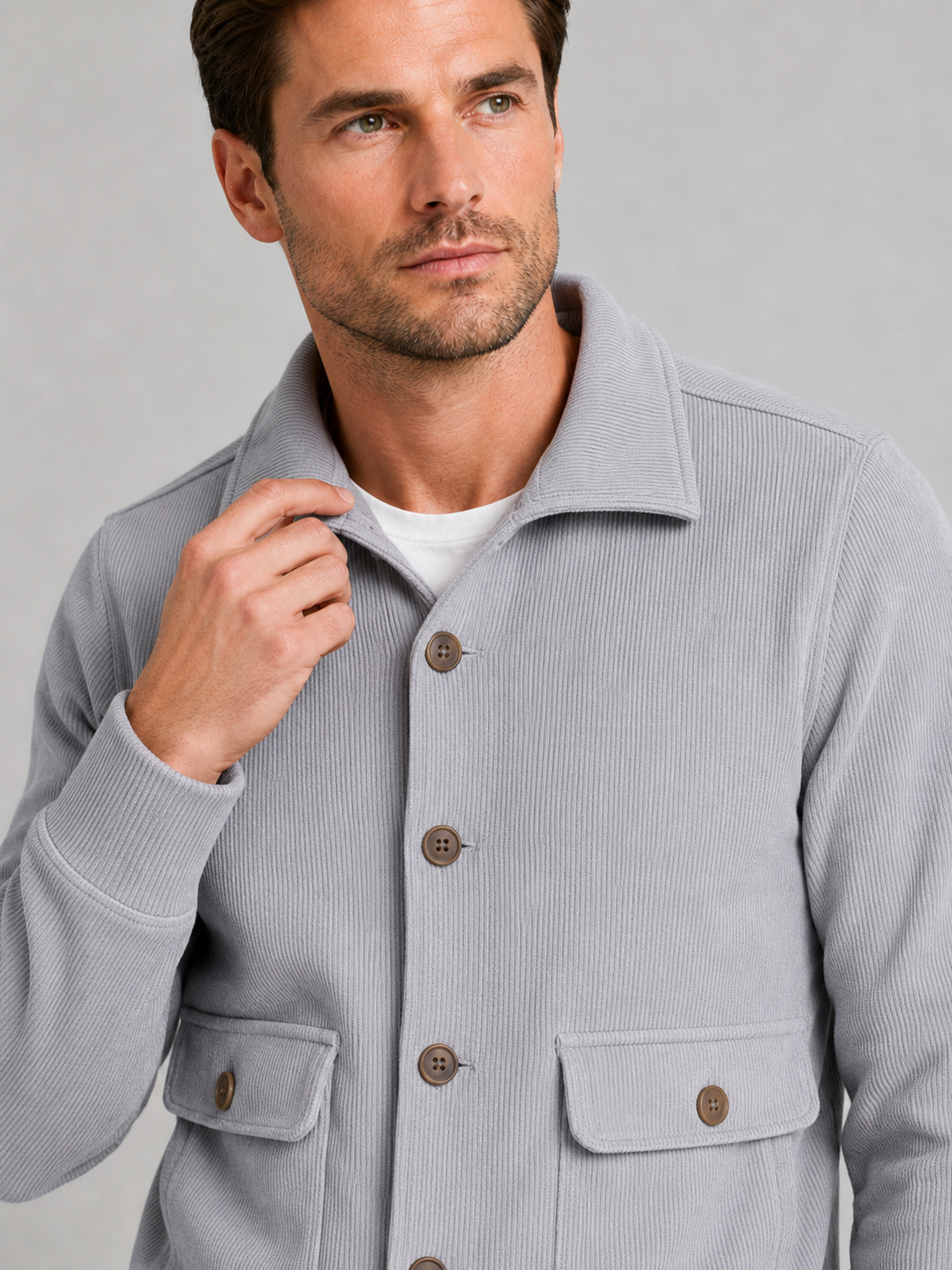 Close up of gray chore jacket showing durable fabric, button up front, and utility pocket detail