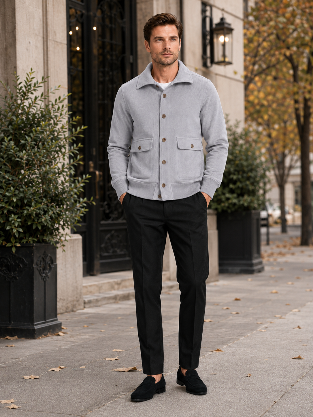 Man styling gray chore jacket in a clean outdoor and everyday fall winter lifestyle outfit