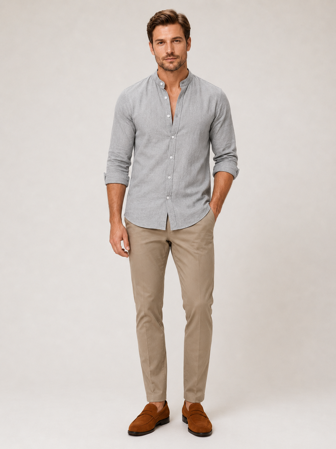 Gray cotton linen collarless shirt for men long sleeve summer top for vacation and everyday wear