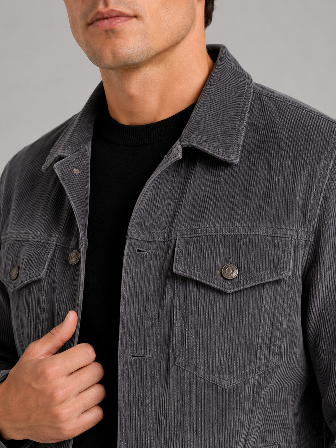 Close up of gray corduroy jacket showing soft ribbed texture and refined fabric detail