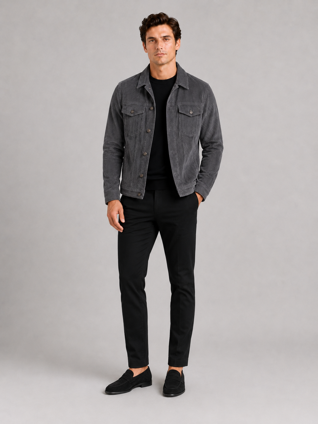 Gray corduroy jacket for men slim fit long sleeve outerwear for everyday fall wear