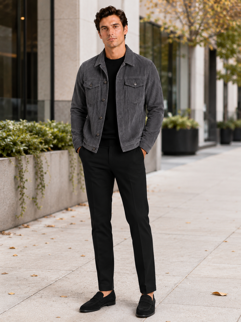 Man styling gray corduroy fall jacket in a clean everyday lifestyle outfit