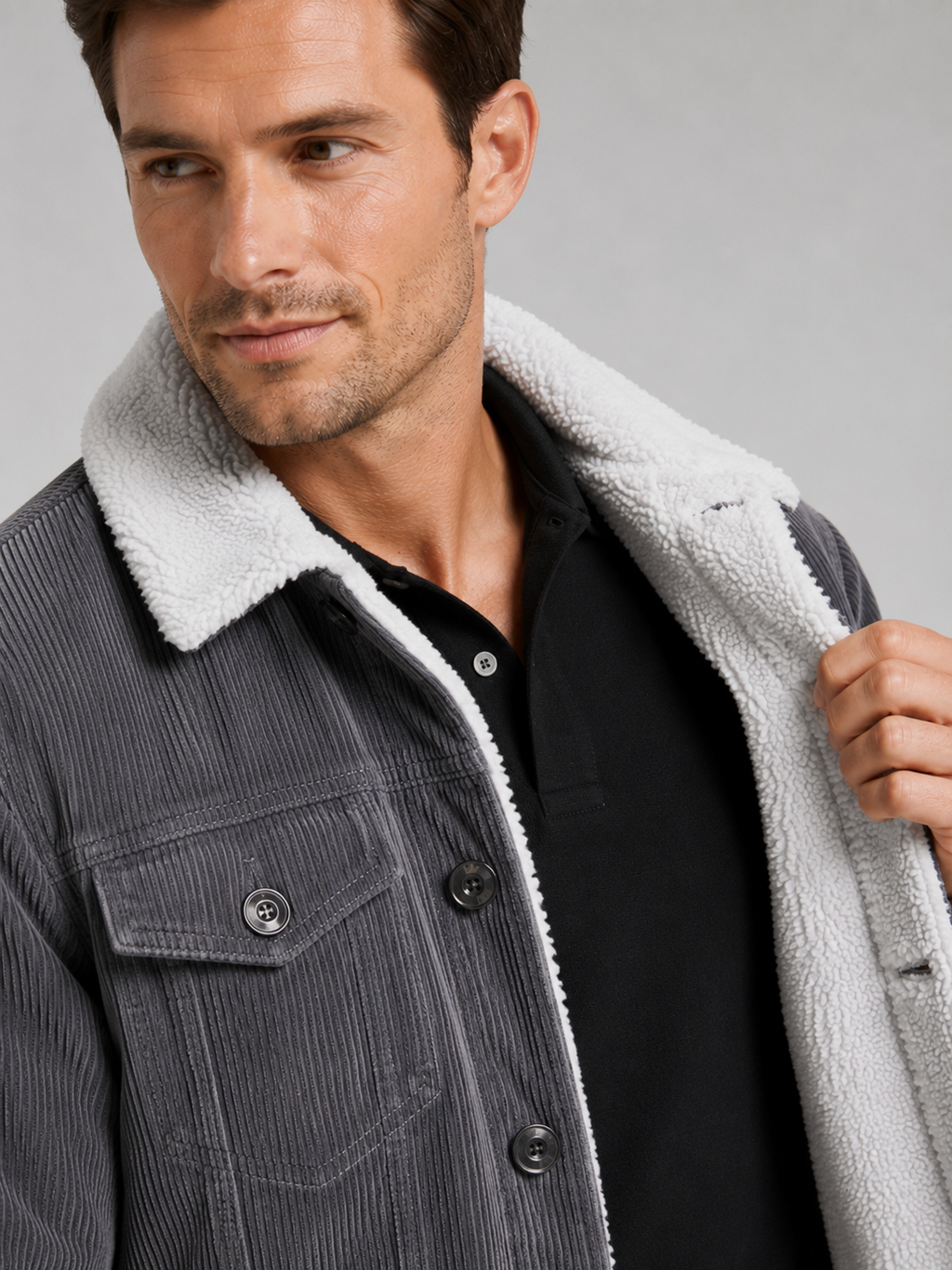 Close up of gray corduroy jacket showing soft ribbed texture, cotton padding, and button front detail