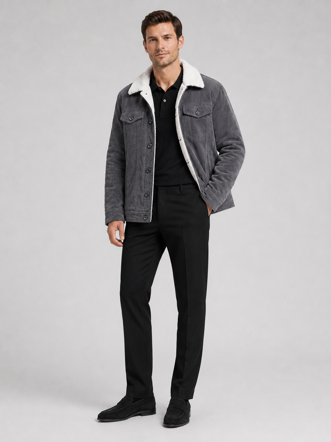 Gray corduroy jacket for men warm loose fit winter coat for everyday and outdoor wear