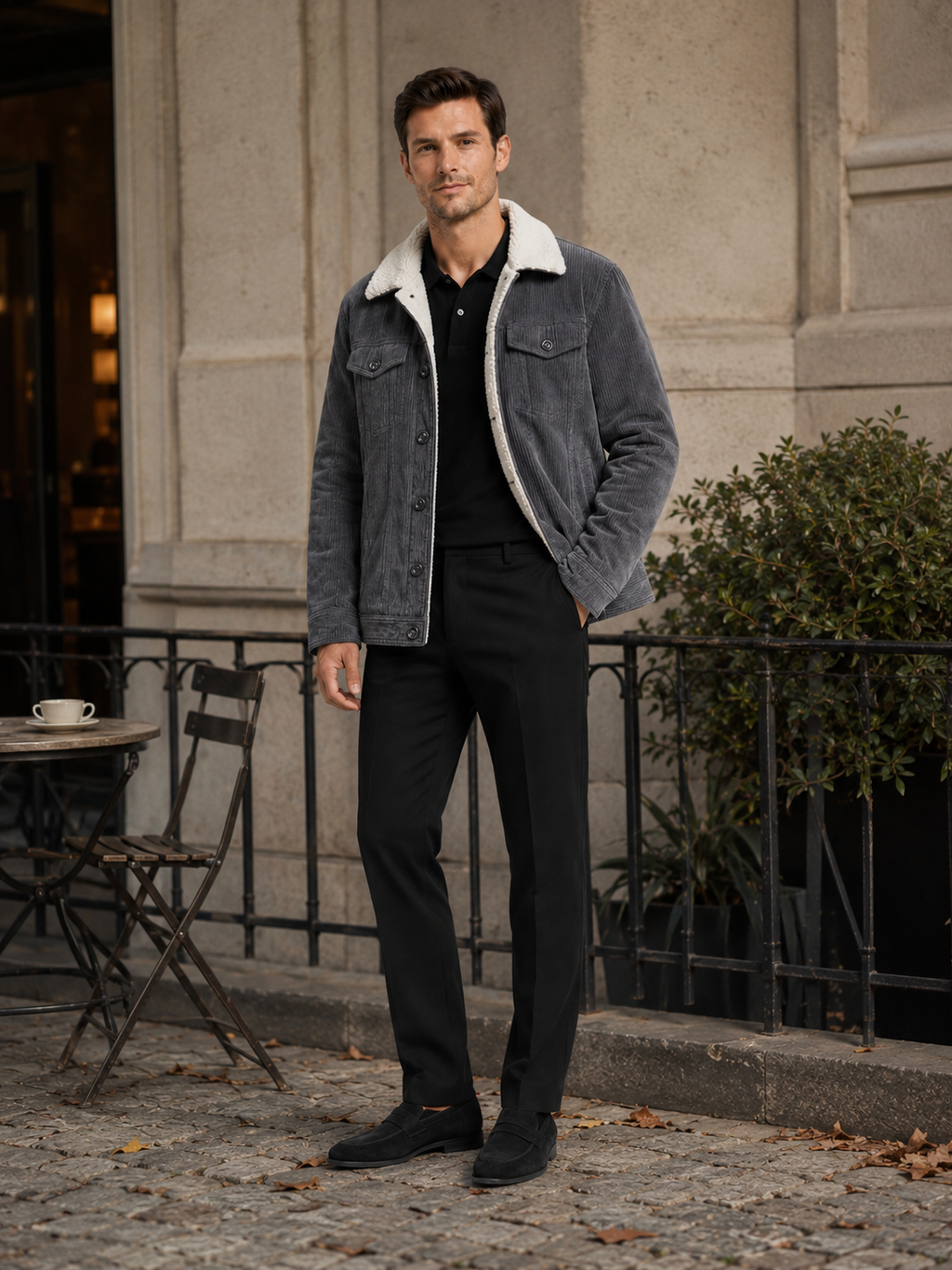 Man styling gray corduroy jacket in a clean outdoor and everyday winter lifestyle outfit