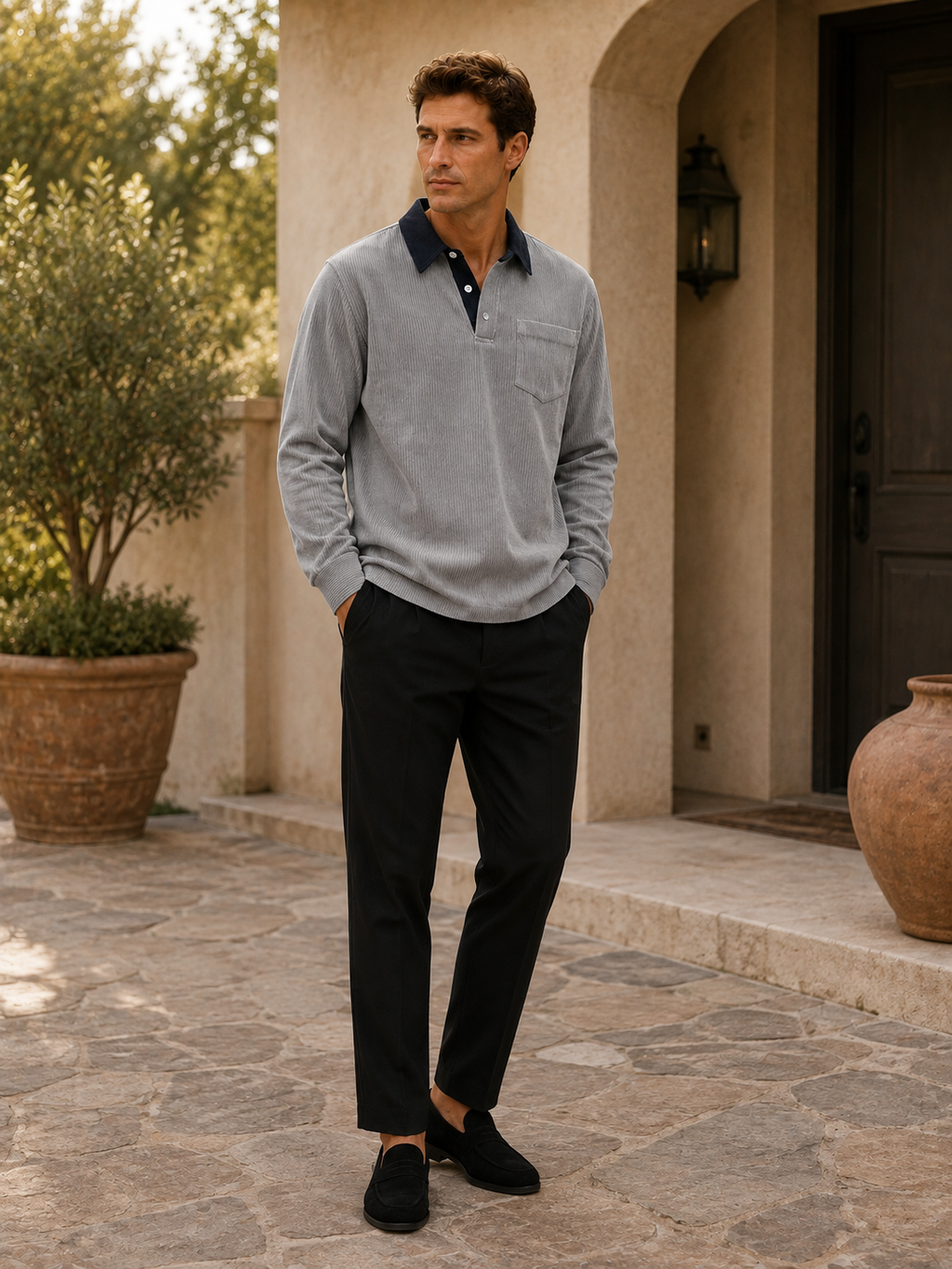 Man wearing a gray corduroy long sleeve polo shirt in a casual fall everyday outfit