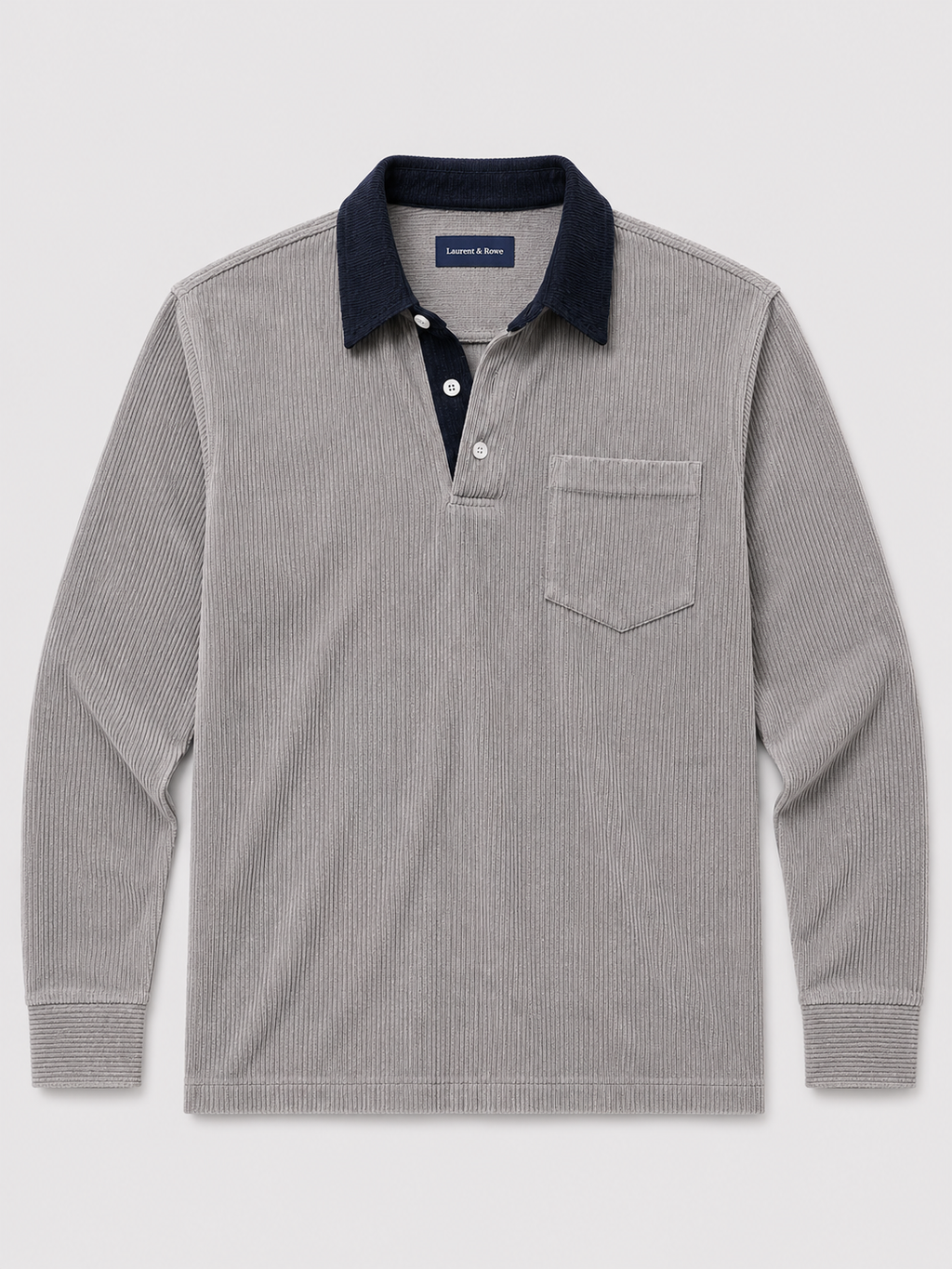 Gray men’s corduroy long sleeve polo shirt with a contrast turn-down collar displayed on a plain background