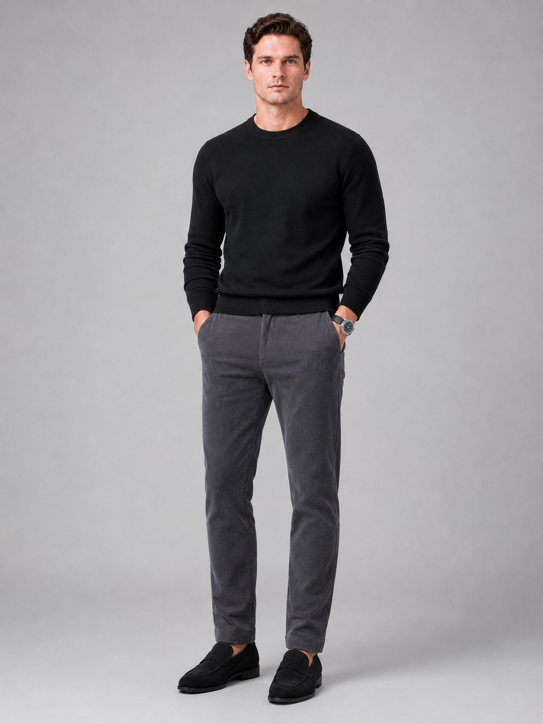 Gray corduroy pants for men mid rise thick trousers for everyday fall winter wear