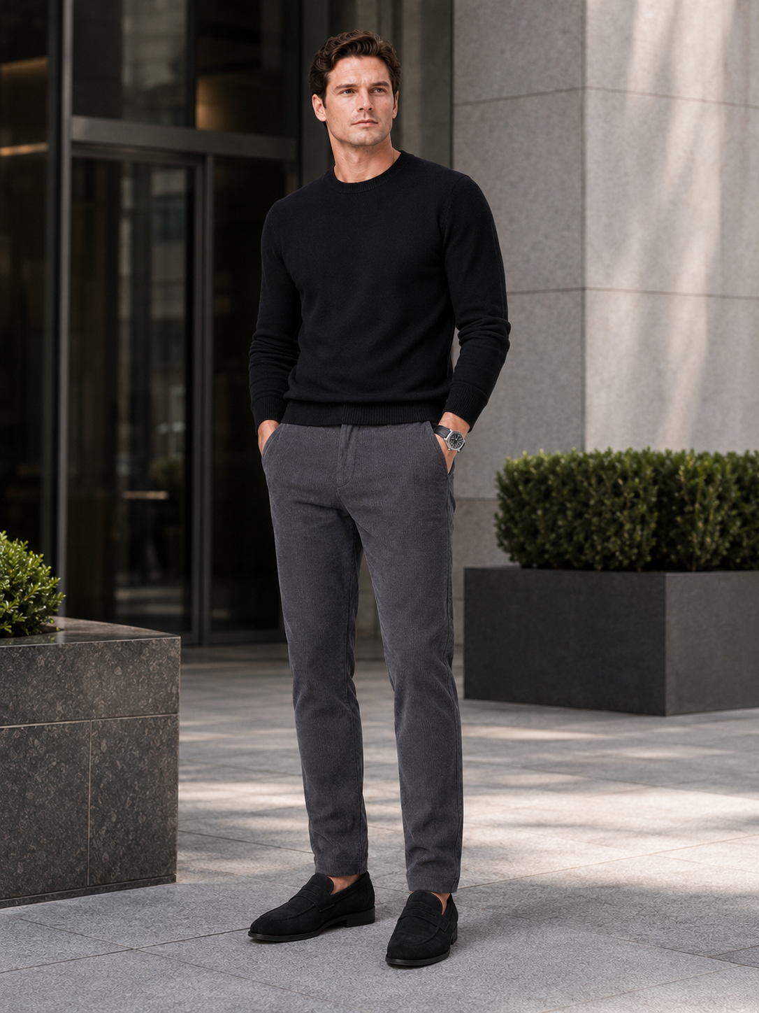 Man styling gray corduroy pants in a clean fall winter everyday lifestyle outfit