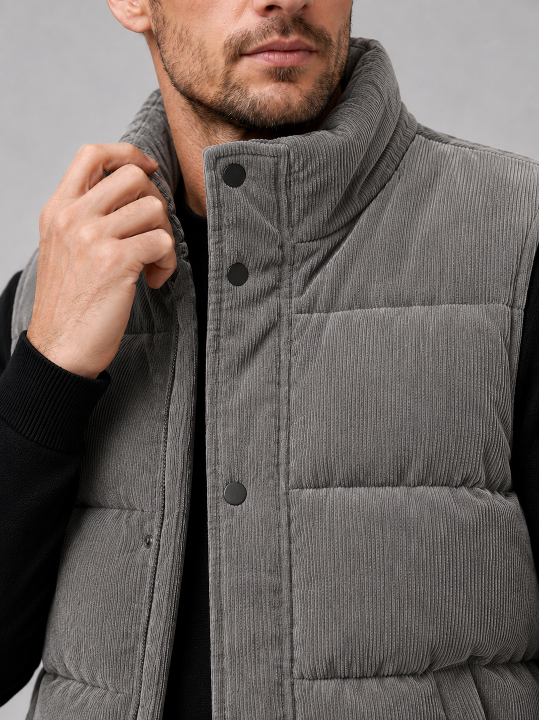 Close-up of a gray corduroy puffer vest showing the ribbed fabric texture, thick padding, stand collar, zipper, pockets, armholes, and stitching