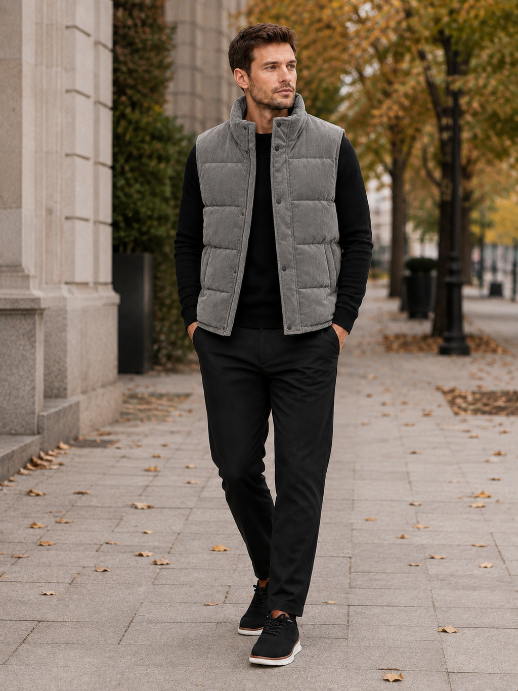 Man wearing a gray corduroy puffer vest in a casual fall winter outfit for outdoor and everyday wear