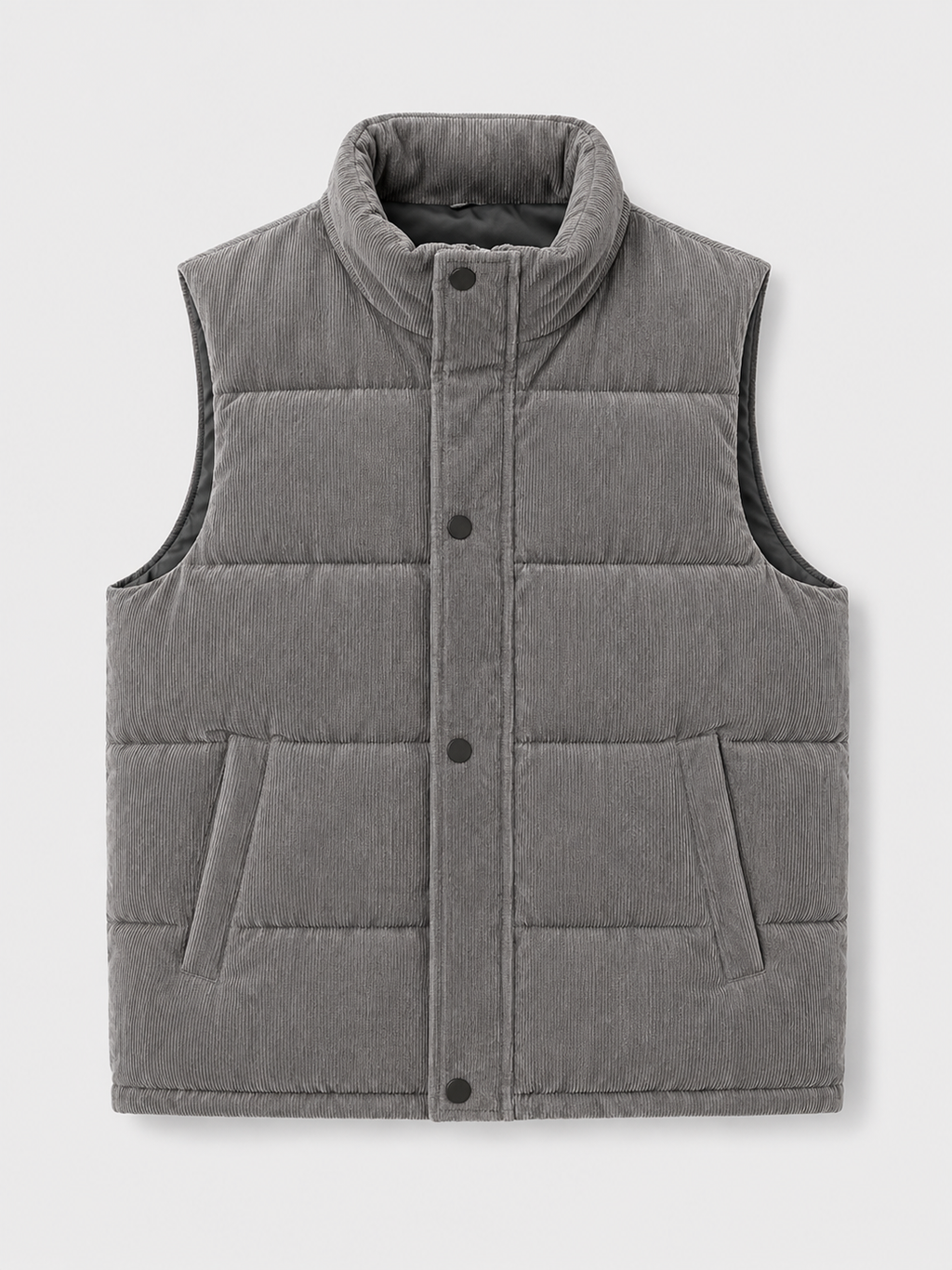 Gray men’s thick padded corduroy puffer vest with a stand collar displayed on a plain background