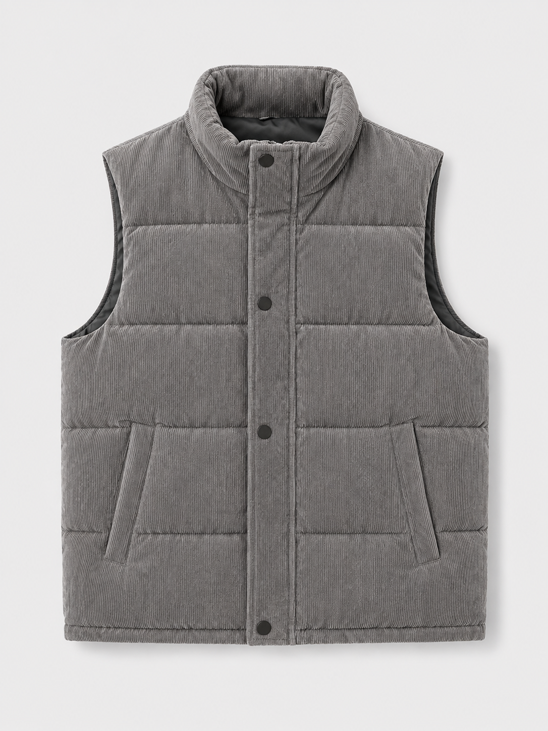 Gray men’s thick padded corduroy puffer vest with a stand collar displayed on a plain background