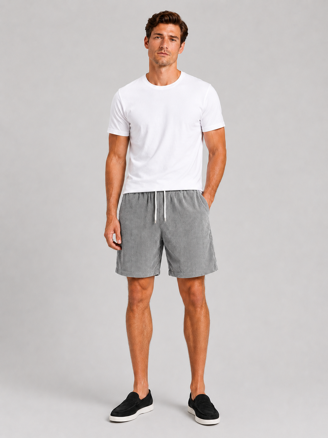 Men wearing gray corduroy shorts drawstring loose fit summer casual beach style