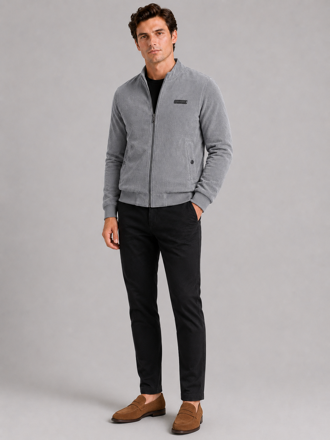 Gray corduroy workwear jacket for men lightweight padded coat for everyday fall wear