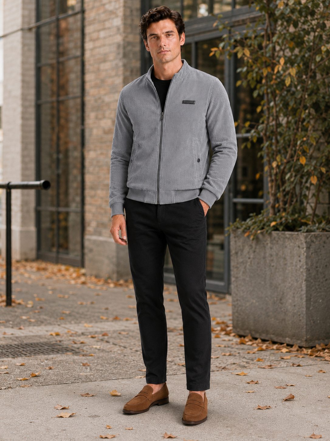 Man styling gray corduroy workwear jacket in a clean outdoor and everyday lifestyle outfit