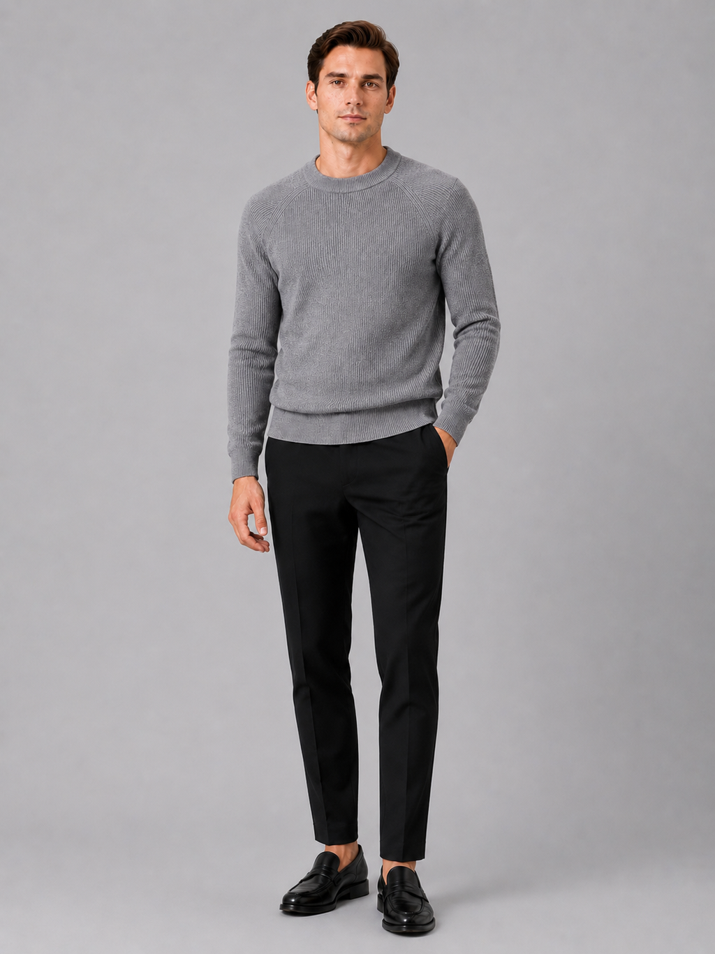Gray crew neck sweater for men slim fit winter pullover for everyday and office wear