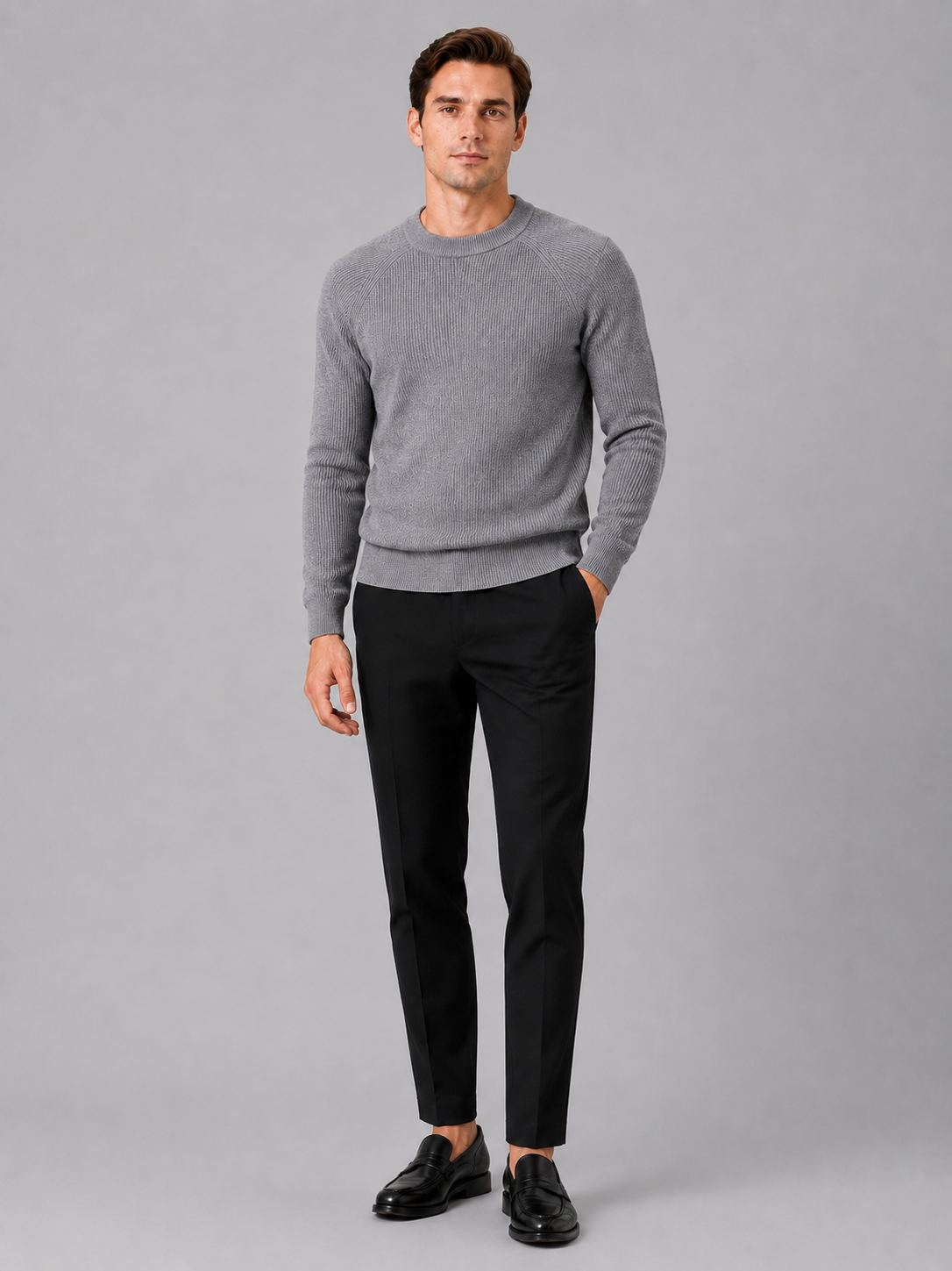 Gray crew neck sweater for men slim fit winter pullover for everyday and office wear