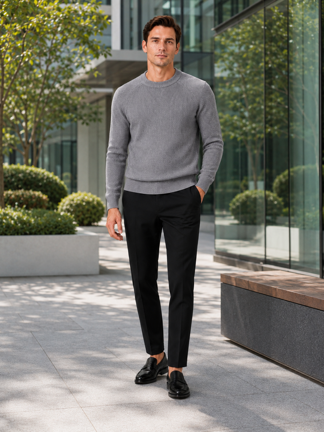Man styling gray crew neck sweater in a clean fall winter business casual lifestyle outfit
