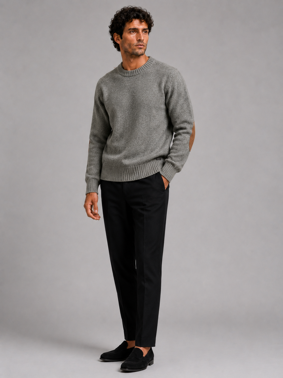 Gray crew neck wool sweater for men loose fit pullover for fall winter everyday wear