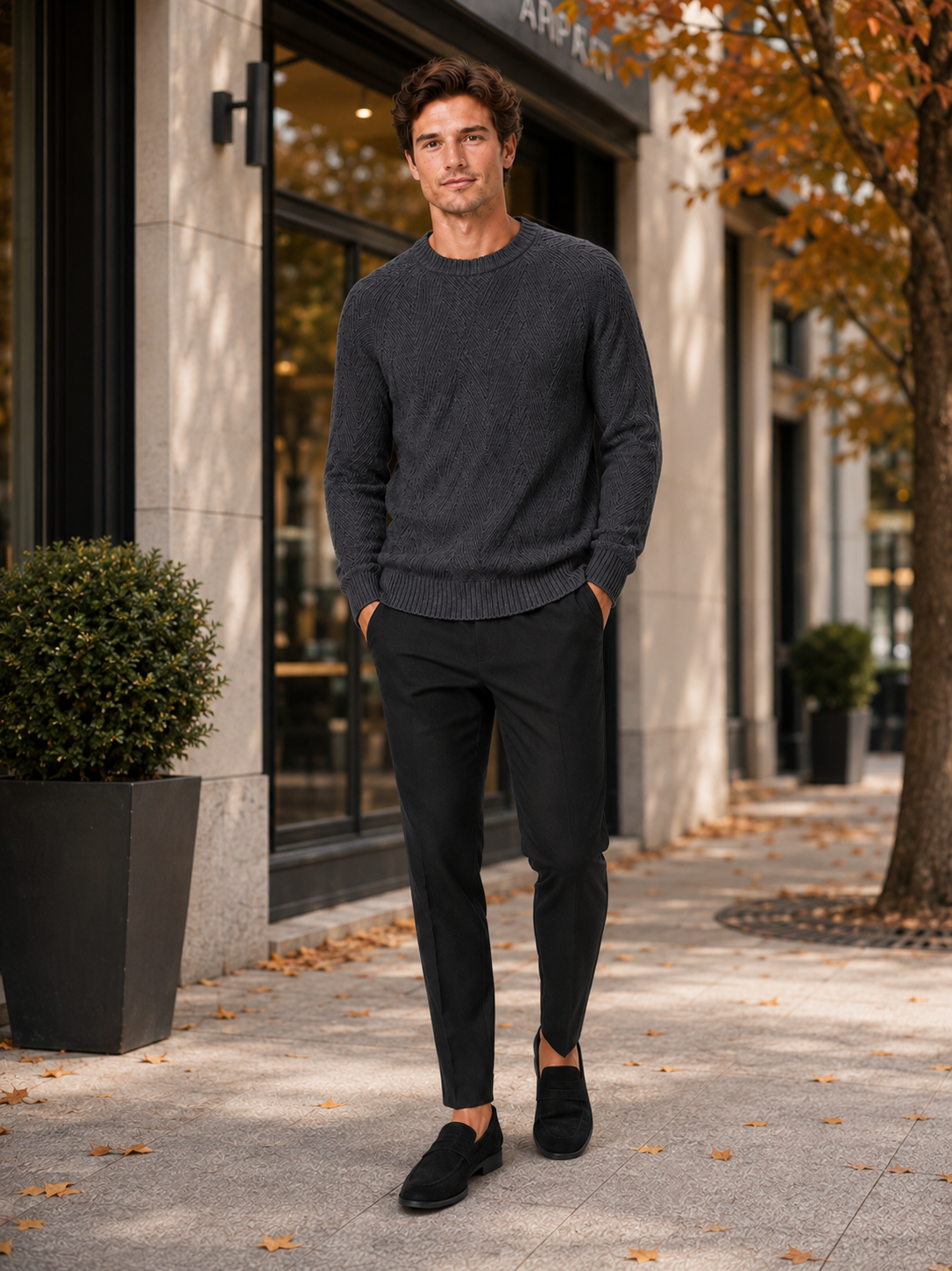 Man styling gray crewneck sweater in a clean fall everyday lifestyle outfit