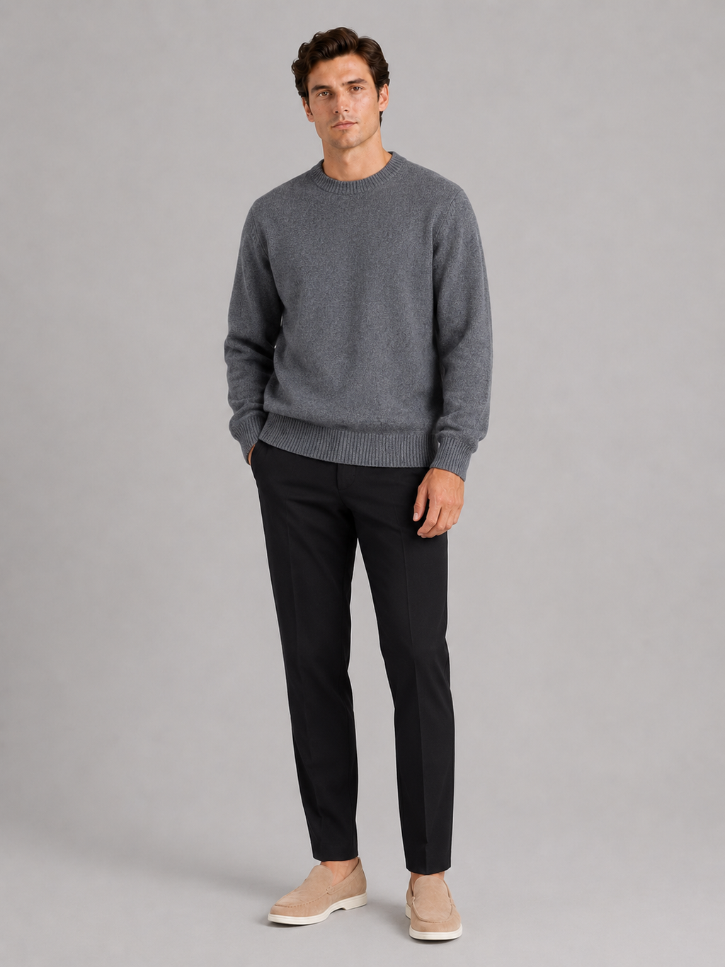 Gray crewneck sweater for men loose fit pullover for everyday fall winter wear