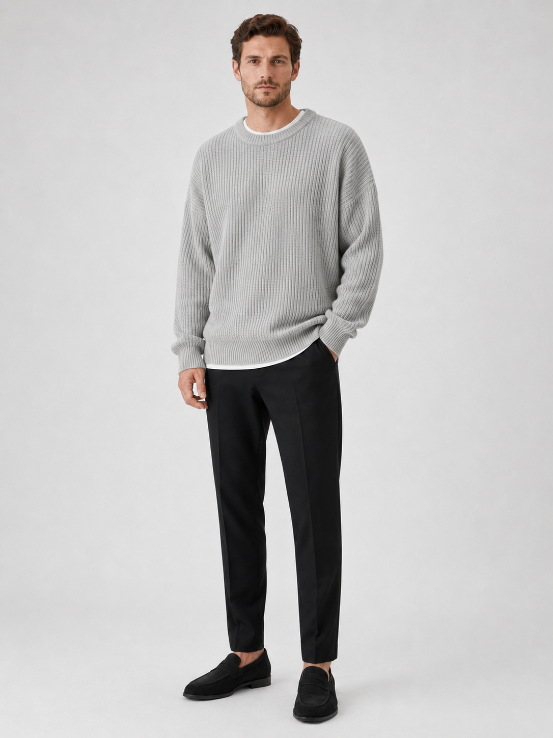 Gray crewneck sweater for men loose fit fall pullover for everyday wear