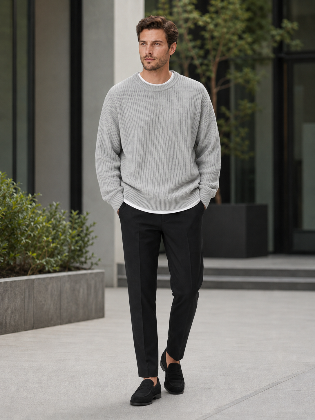 Man styling gray crewneck sweater in a clean everyday fall lifestyle outfit