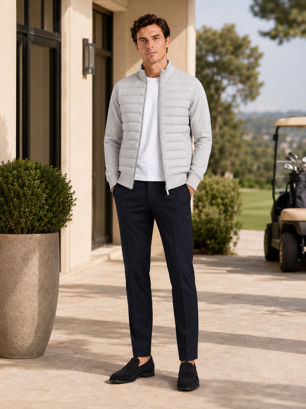 Man styling gray stand collar down jacket in a clean golf and everyday lifestyle outfit