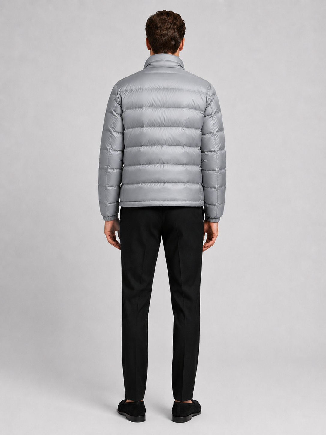 Men’s gray insulated down jacket comfortable lightweight outerwear for commuting, travel, and everyday outfits