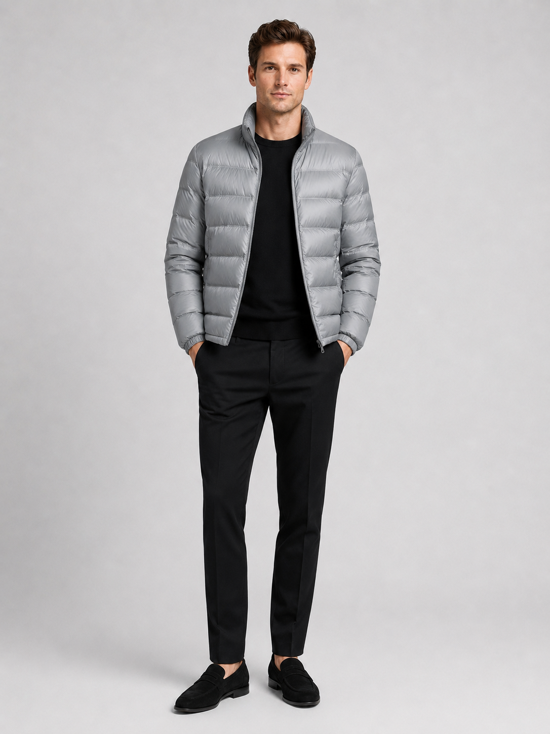 Gray down jacket for men lightweight windproof waterproof fall winter puffer jacket for casual and everyday wear