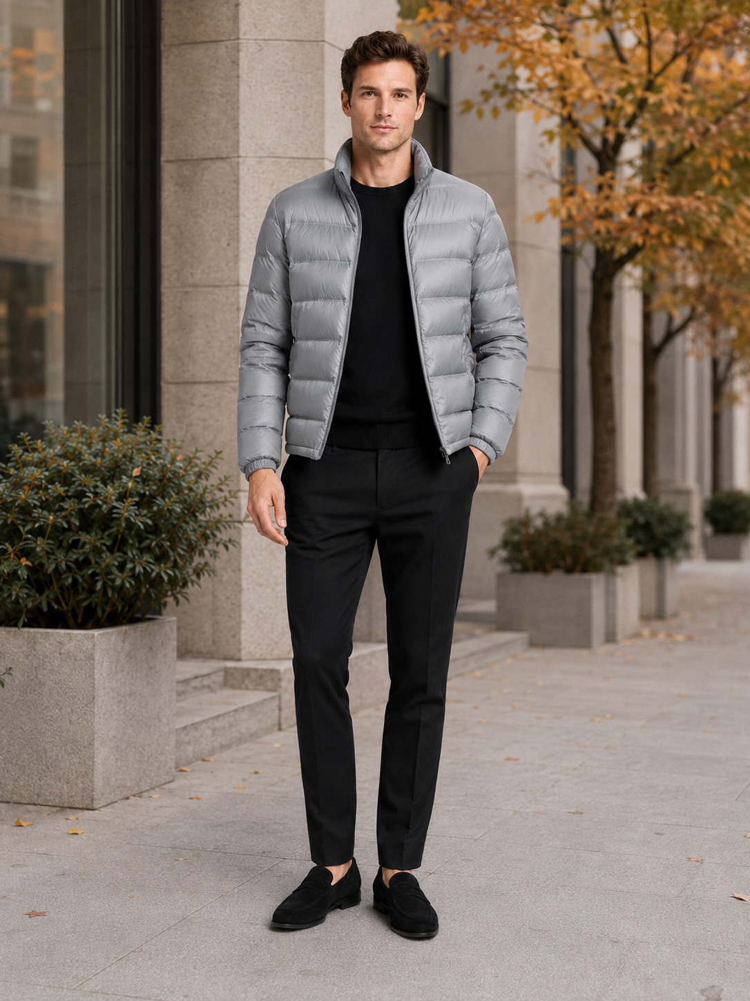 Man styling gray down jacket in a clean outdoor and everyday winter lifestyle outfit