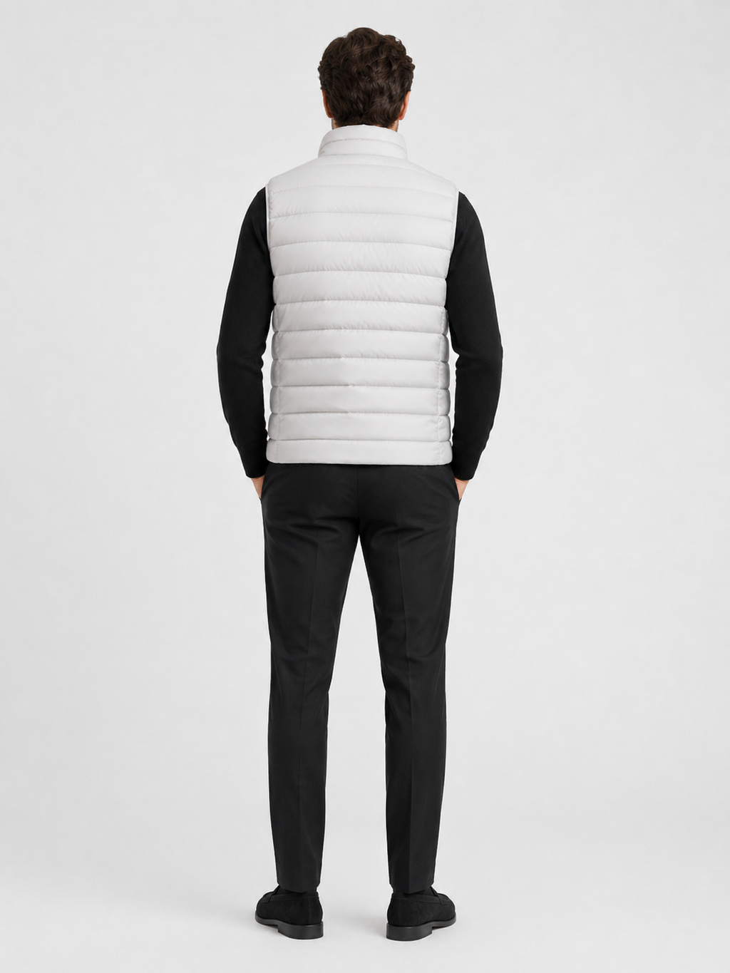Men’s light gray insulated puffer vest comfortable sleeveless outerwear for hiking, travel, and casual outfits