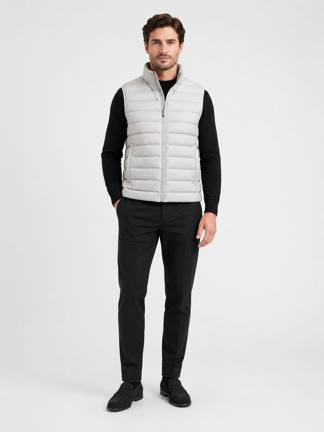 Light gray down vest for men thick warm windproof waterproof winter layer for outdoor and everyday wear