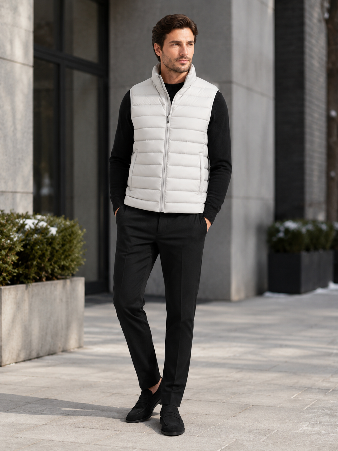 Man styling light gray down vest in a clean outdoor and everyday winter lifestyle outfit