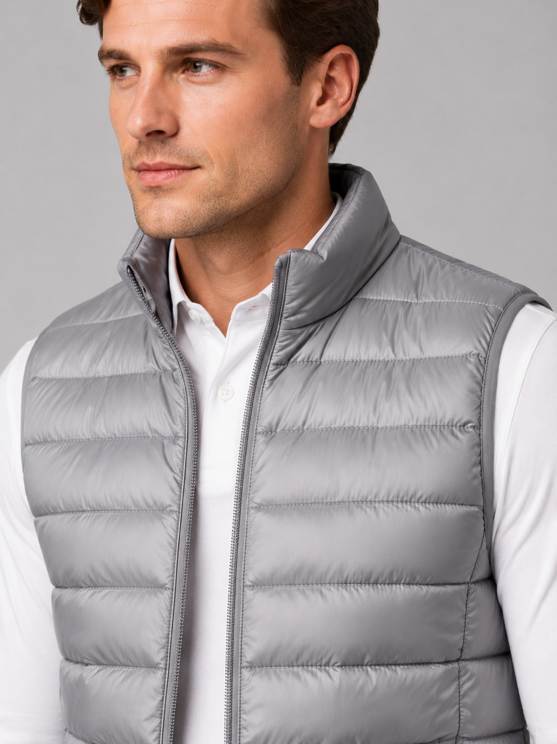 Close up of gray down puffer vest showing lightweight quilted insulation, stand collar, and zip front detail