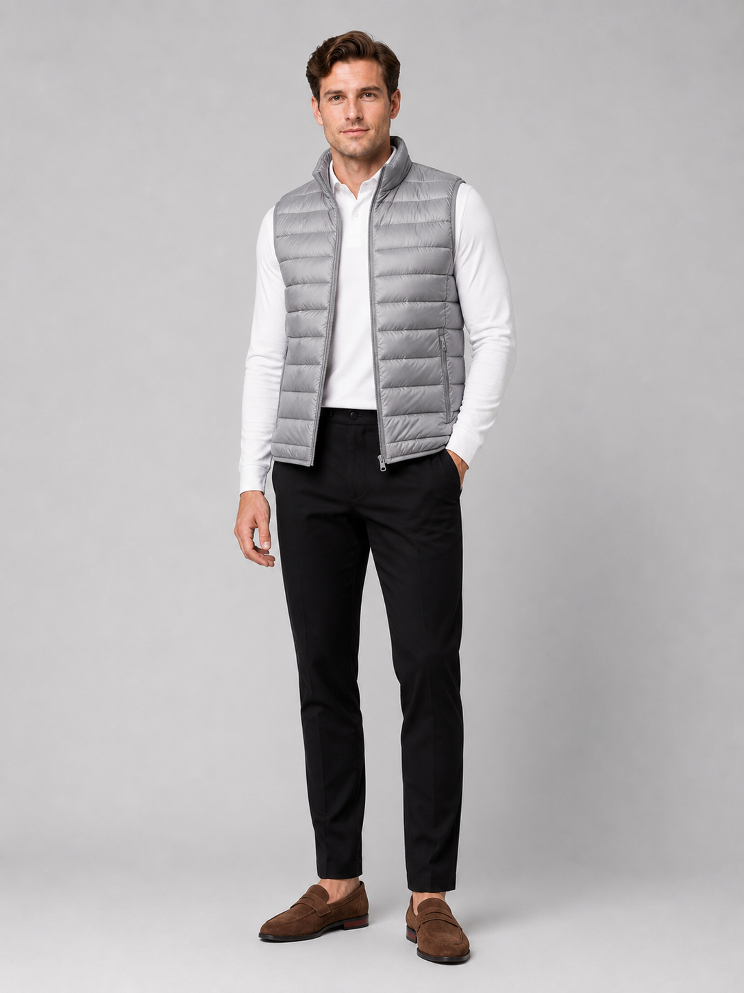 Gray ultralight down vest for men warm sleeveless winter layer for travel and everyday wear