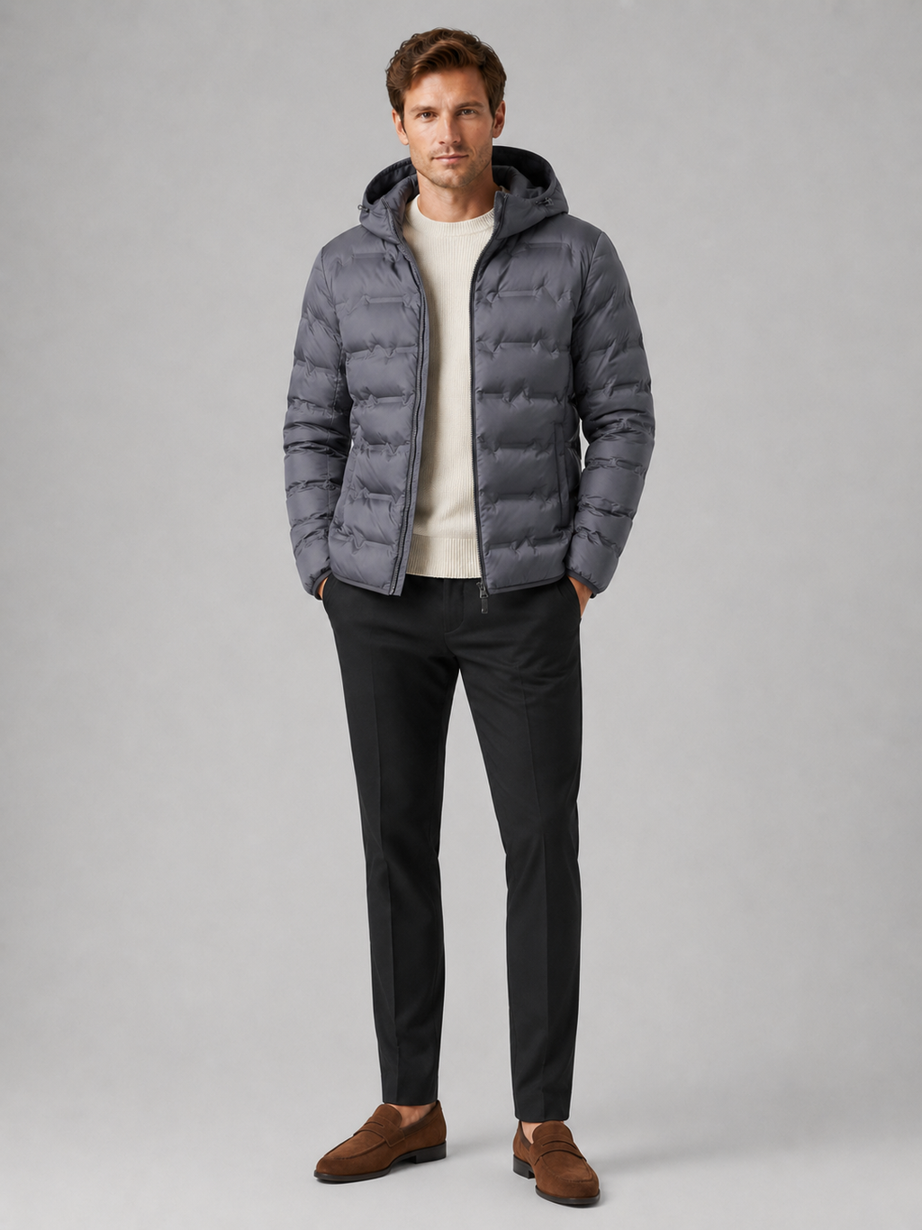 Gray duck down hooded puffer jacket for men warm fall winter coat for travel and everyday wear