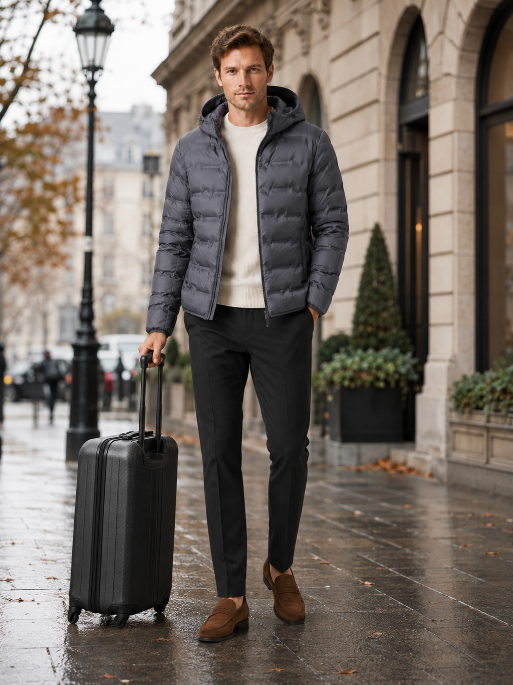 Man styling gray duck down hooded puffer jacket in a clean travel and everyday winter lifestyle outfit