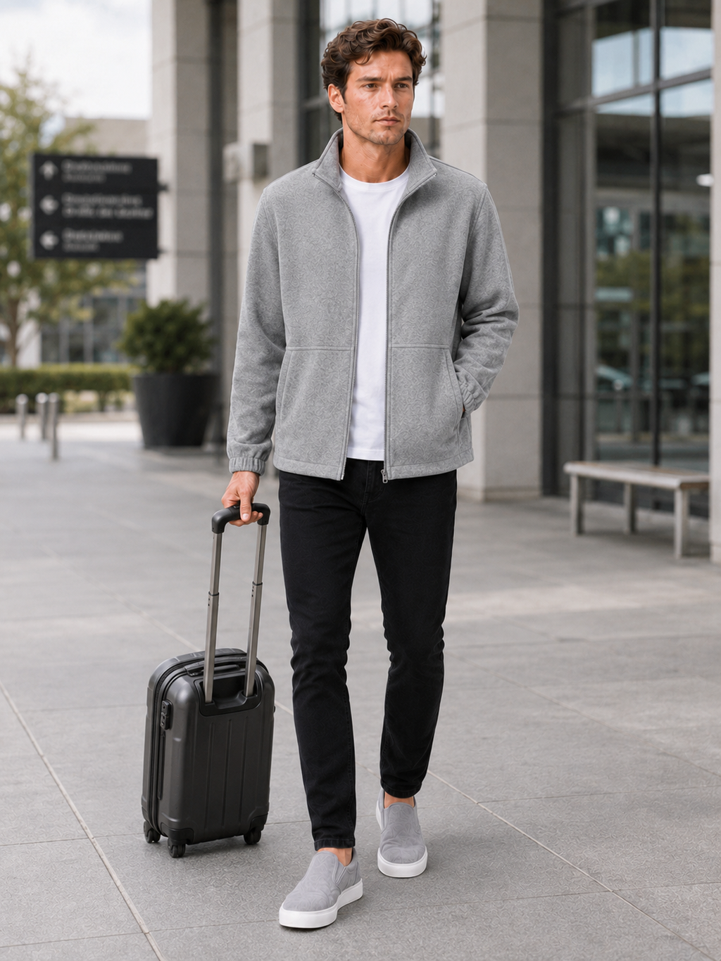 Man styling gray stand collar jacket in a clean travel and everyday lifestyle outfit
