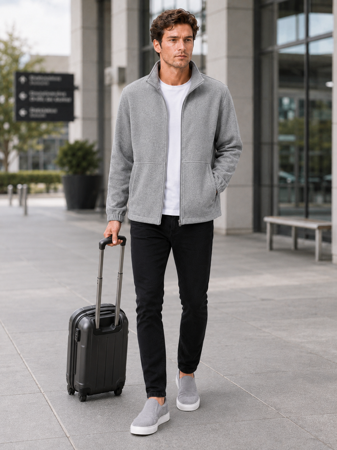 Man styling gray stand collar jacket in a clean travel and everyday lifestyle outfit